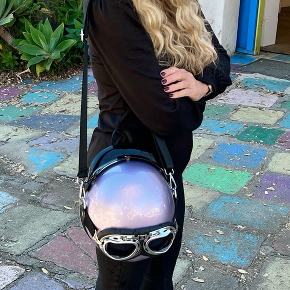 Purple Lavender Metallic Motorcycle Helmet Backpack Crossbody Shoulder Bag Purse - Picture 5 of 13
